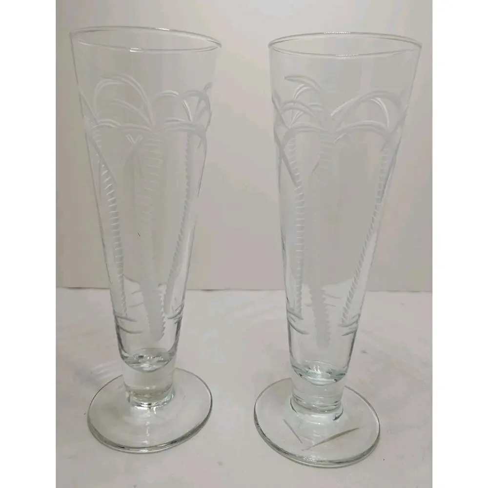 Lot of 2 Rolf Palm Tree Etched Pilsners Tall Crystal Glasses Tropical Clear Set